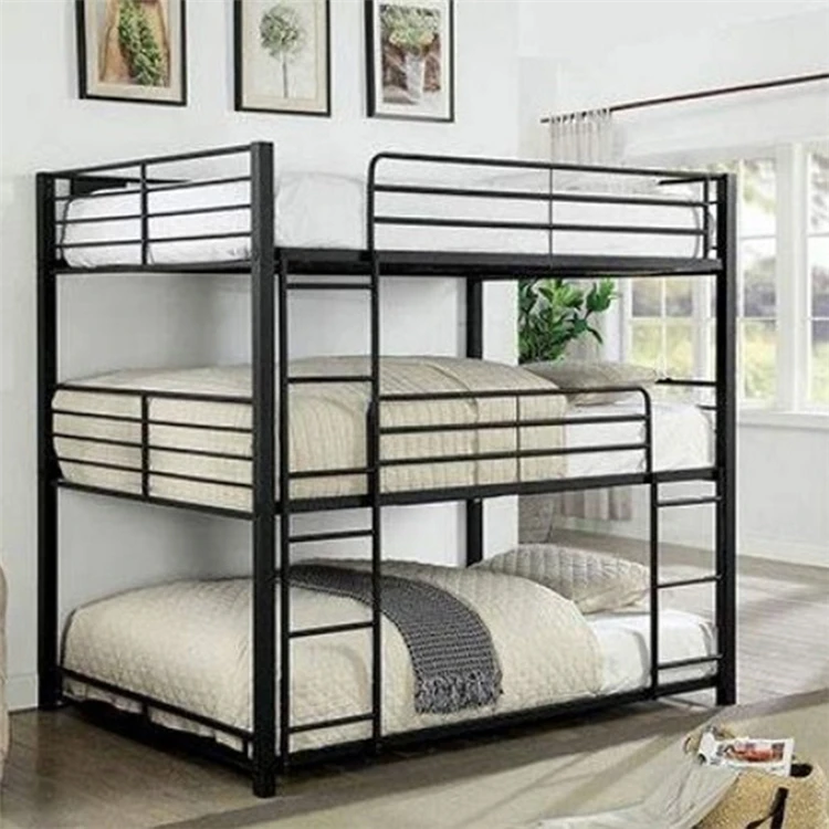 Metal triple bunk bed three 3 layer triple hostel beds easy assembly for Dormitory of 3 Tier Loft Bunk Bed