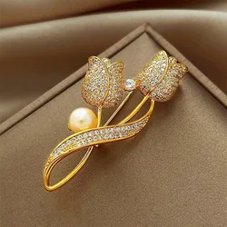 Cross border new light luxury full diamond tulip brooch for women with high-end feel, elegant temperament, brooch
