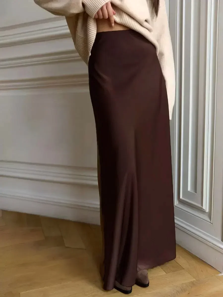 Wolfeel Casual ซาตินกระโปรงสตรีฤดูใบไม้ผลิฤดูร้อนแฟชั่นหลวมสูงเอว Maxi กระโปรง Elegant Simple Slik Fishtail กระโปรง
