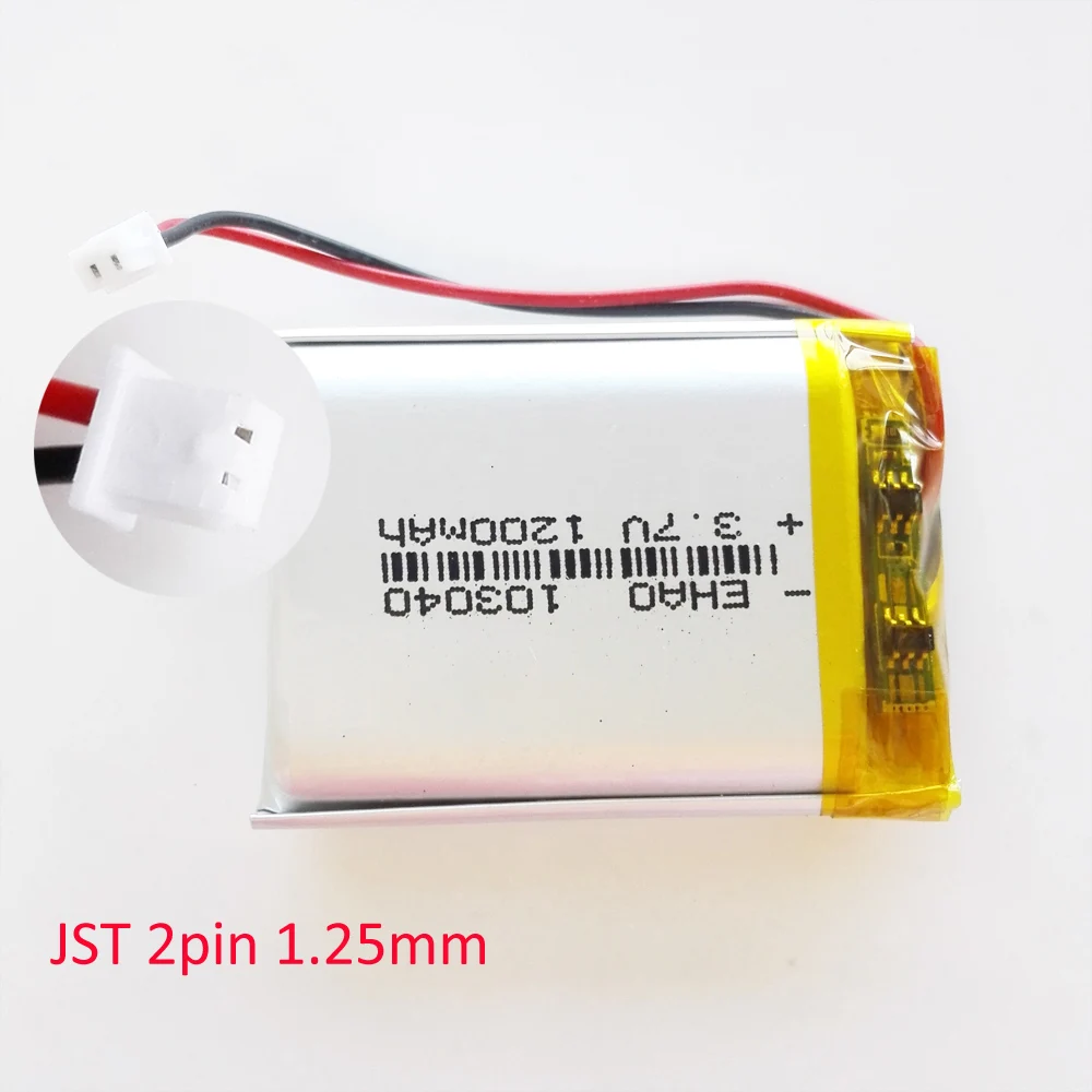 Akumulator litowo-polimerowy LiPo 3,7 V 1200 mAh 103040 + Wtyczka JST 2Pin 1,25/1,5/2,0/2,54 mm do telefonu komórkowego MP3 GPS DVD