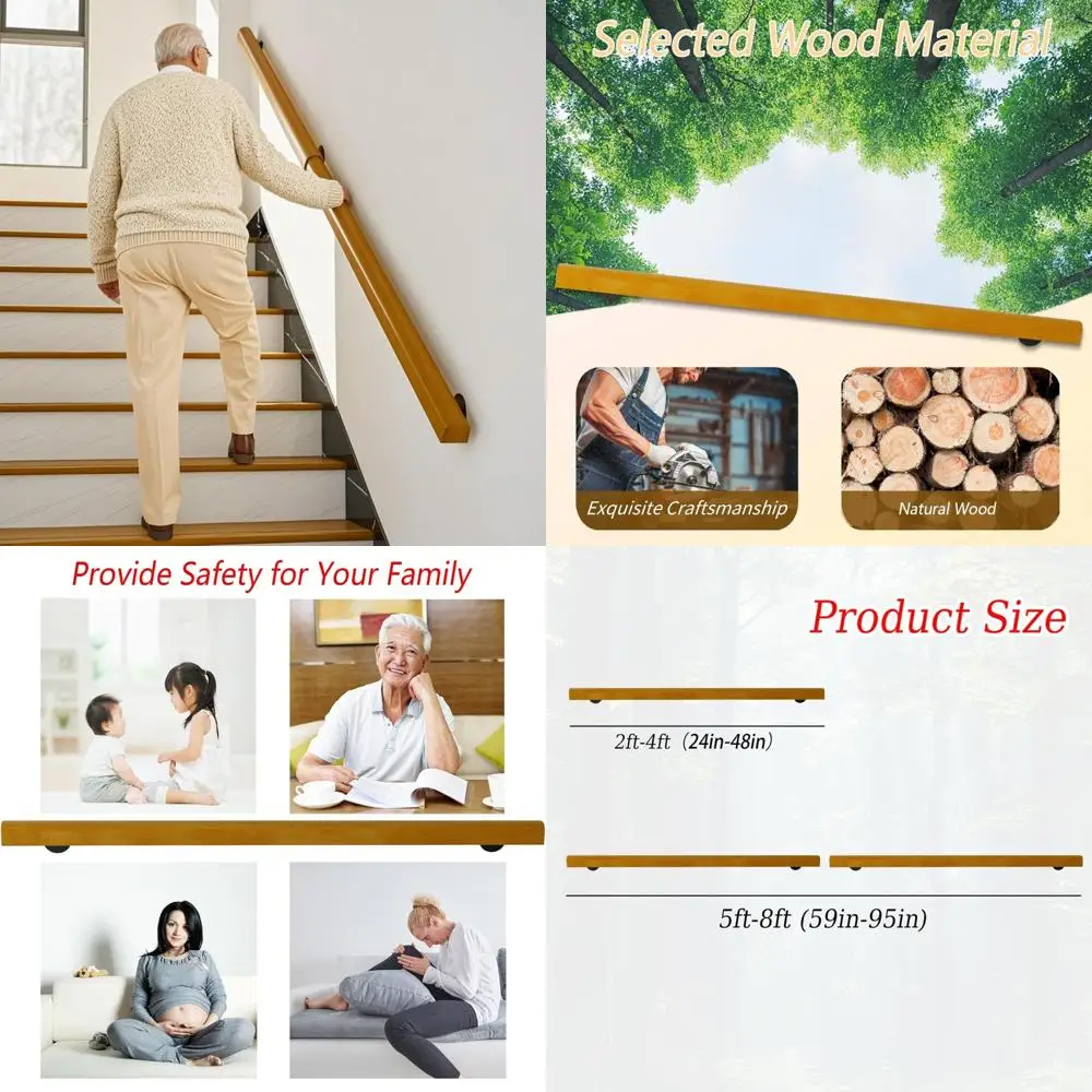 

Indoor Stair Railing 8FT Wooden Wall Handrail for Home, Non-Slip Safety Railing for Indoor Stairs and Garden Steps