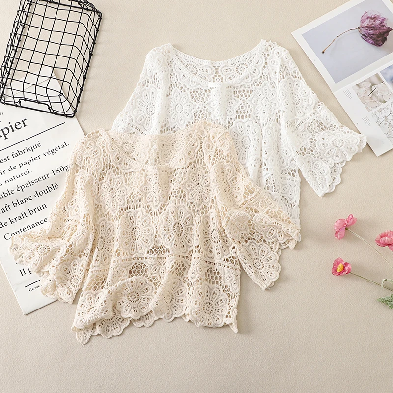 

Large Size Floral Hook ort Sve Knitted Top Women Summer Outerwear Loose Overhead Hollow out Versatile Sun Protection irt