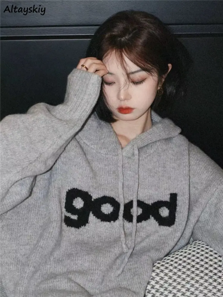 

Hooded Drawstring Pullovers Women Baggy Streetwear Harajuku Sweaters Knitted All-match Hipster Autumn Casual Pull Femme Retro