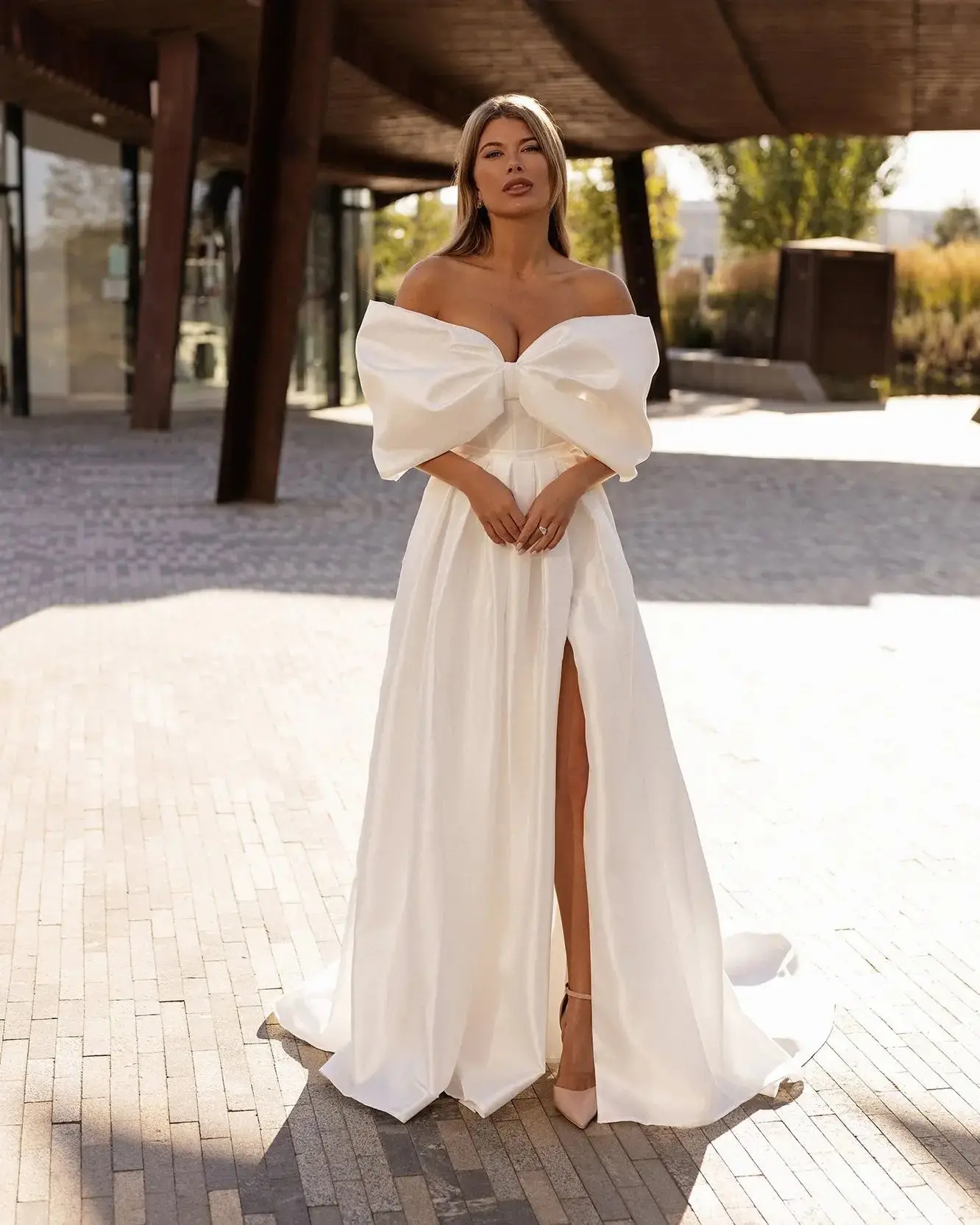 Elegante Off-Shoulder Zijsplit Satijnen Bruidsjurk Sexy Strik Sweetheart A-Lijn Lange Trouwjurken 2023 Vestido De Novia