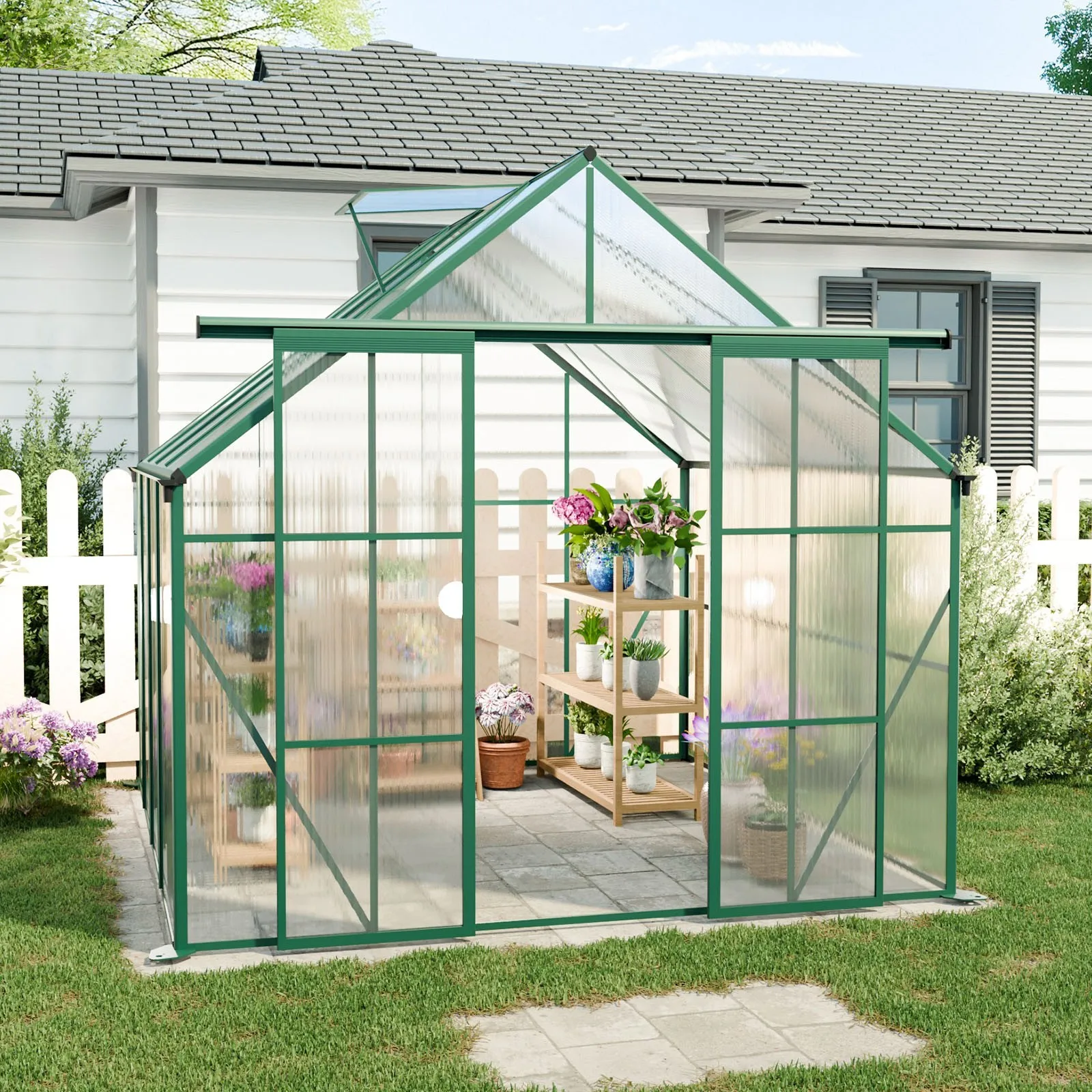 Double Door Polycarbonate Green Greenhouse with Galvanized Base and Anchor