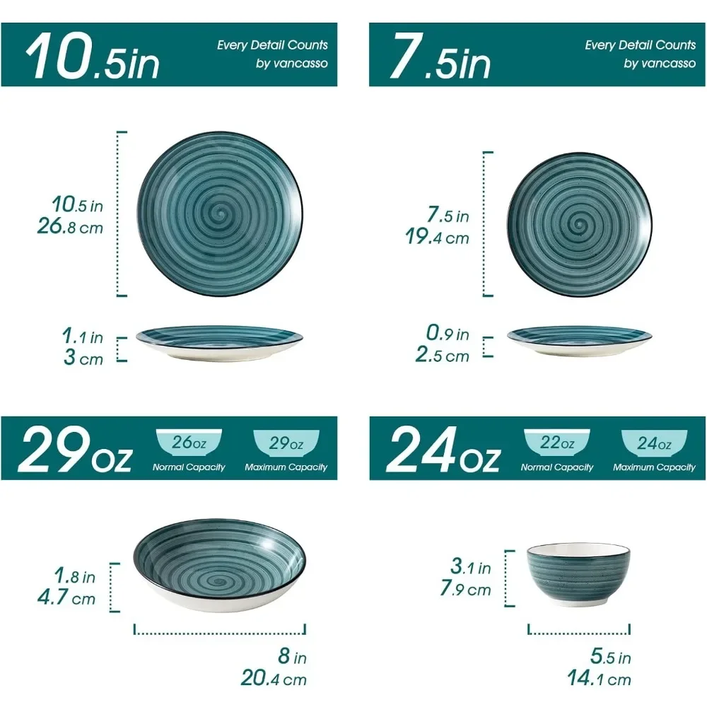 24 Pieces - Stoneware Dining Table Plates Set Luxury Ceramic Safe Material Bonbon Green Dinnerware Set Versatile 24-piece Dishes