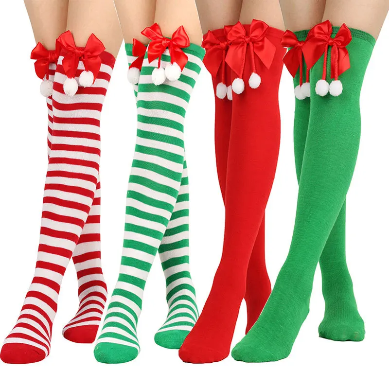 

Winter Christmas Women's Knee Socks Red Green Striped Bow Knitted Ins Style Girls Thigh Socks Fuzzy Ball Knee Socks