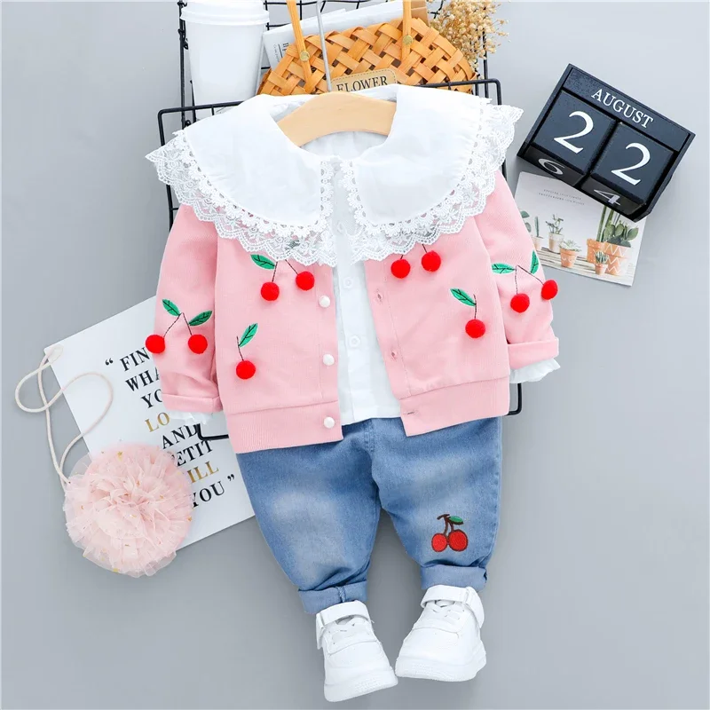 Baby Girls Clothing Sets Spring Children Lace Cherry Coats Lace Shirt Jeans Infant Newborn Clothes Outfits Princess Costume image 2