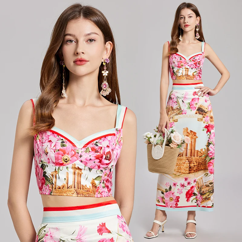 Conjunto de dos piezas de flores de verano para mujer, Tops cortos sexys, faldas largas, trajes con estampado Floral, arquitectura, conjuntos a juego por debajo de la rodilla para mujer