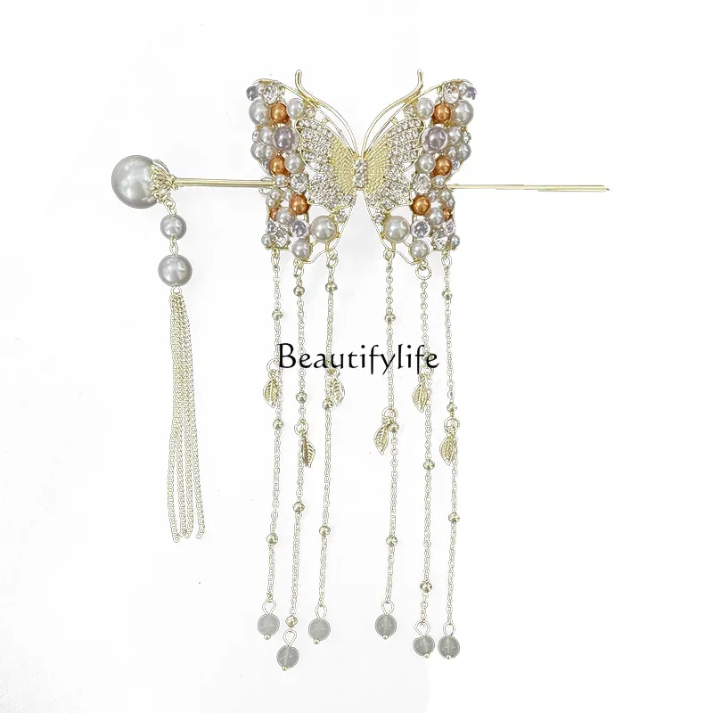 Butterfly long fringed pearl hairpin high sense sweet temperament disc hair accessories