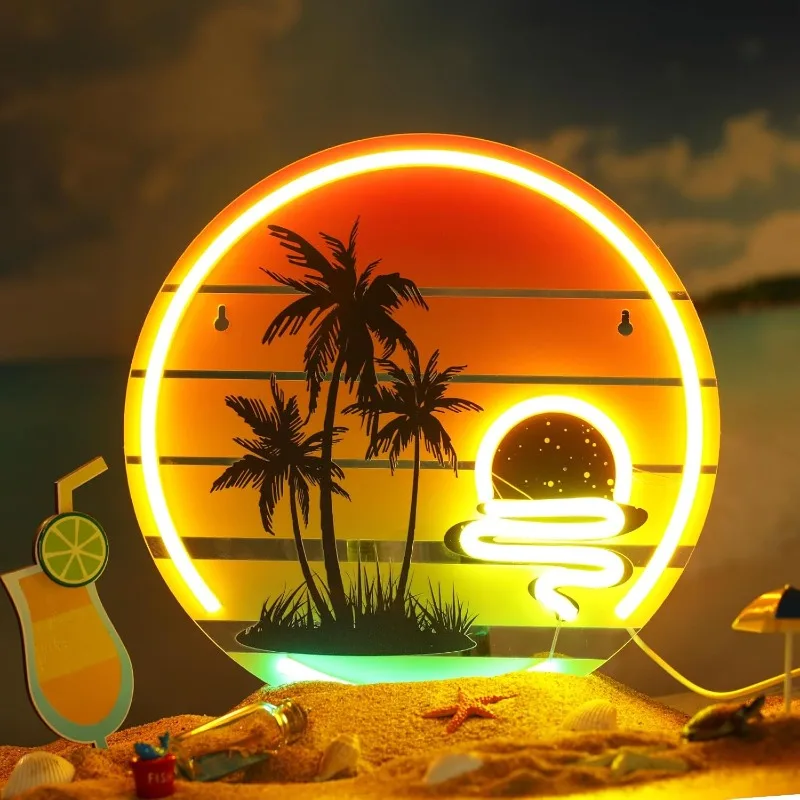 

Tropical Sunset Neon Sign for Wall Decor LED UV Print Light up Signs for Bedroom Bar Beach Theme Restaurant Party Decoration