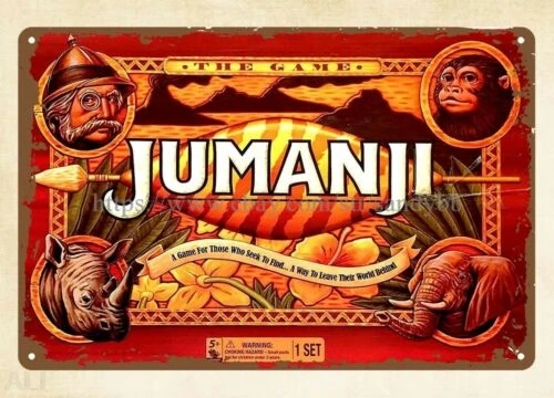 1995 Jumanji juego de mesa placa de letrero de estaño de metal placas de estudio de pub letrero