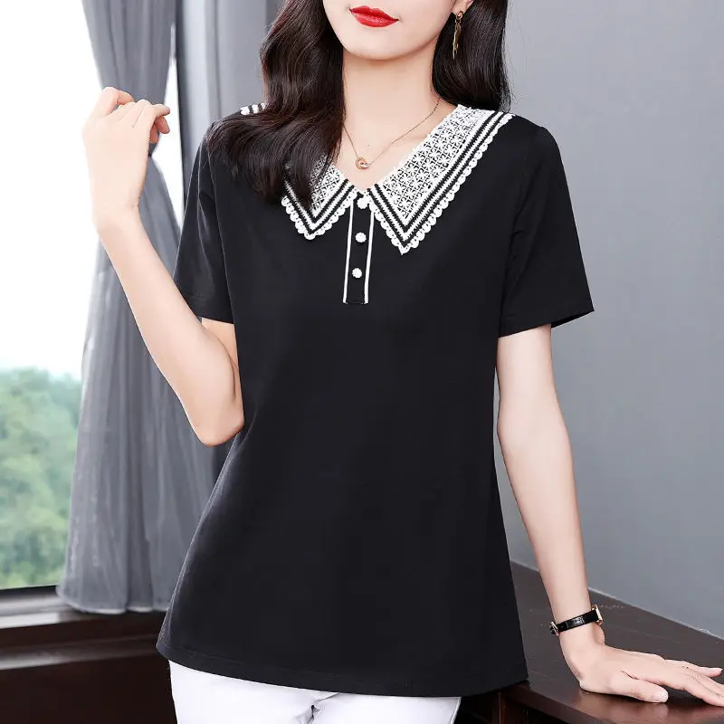 Women's Summer Clothes Peter Pan Collar Short Sleeve Top Office Lady Lace Splicing Button Black Versatile Loose Pullover T-Shirt