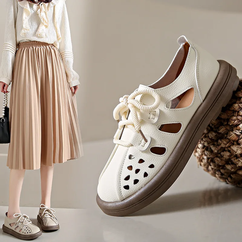 

Summer Women Fashion Sandals Hollow Out Women's Leather Shoes Walking Comfortable Soft Sole Shoes Casual Breathable Single Shoes