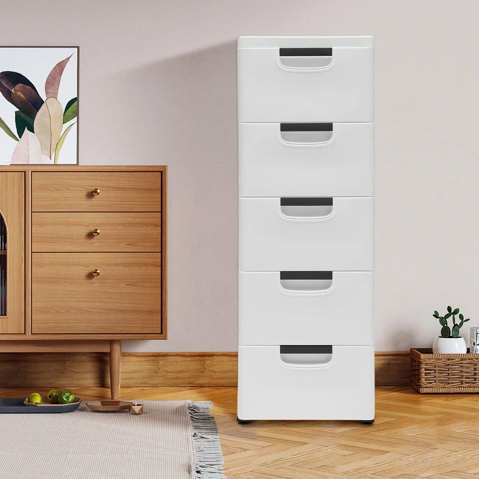 

5 Tier Storage Tower, Storage Rack with 6 Drawer and 4Wheels Movable Storage Tall Small Cabinet Closet for Rooms, Sofa, Cabinet