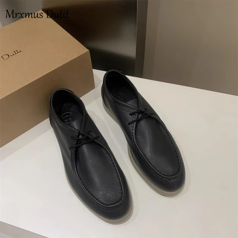 Mrxmus Dutit 2023 Autumn Fashion Men New Genuine Leather Flat Commute Style Shoes Lacing Solid Color Casual Simple Male Chic