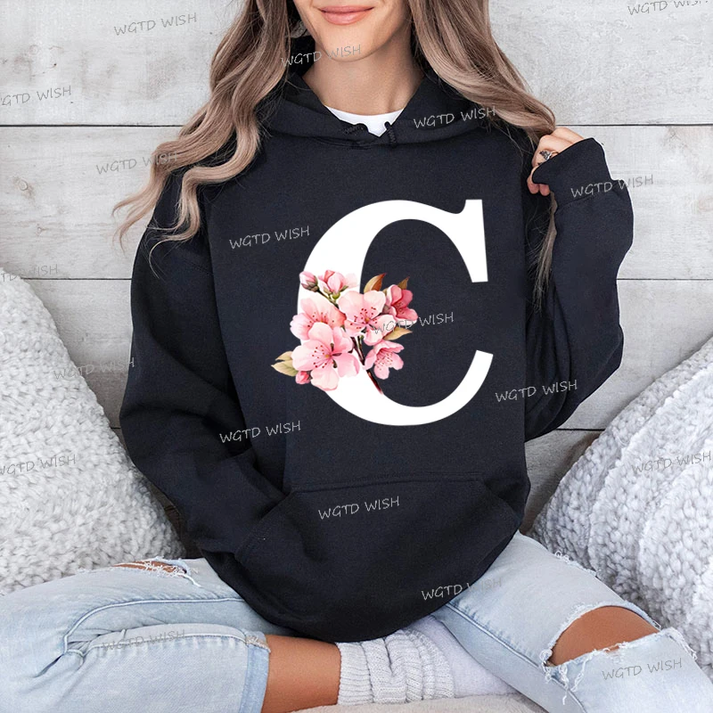 Women Aesthetic Hoodies Sakura Letter A-Z Female Fashion Long Sleeve Sweatshirts Harajuku Cherry Blossoms Alphabet Ladies Hooded