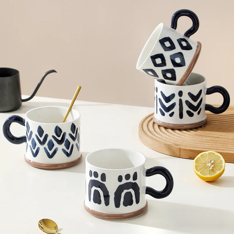 Nordic Irregular Geometric Pattern Ceramic Coffee Cup Large Capacity Breakfast Milk Oatmeal Cup Artistic Porcelain Mug Water Mug