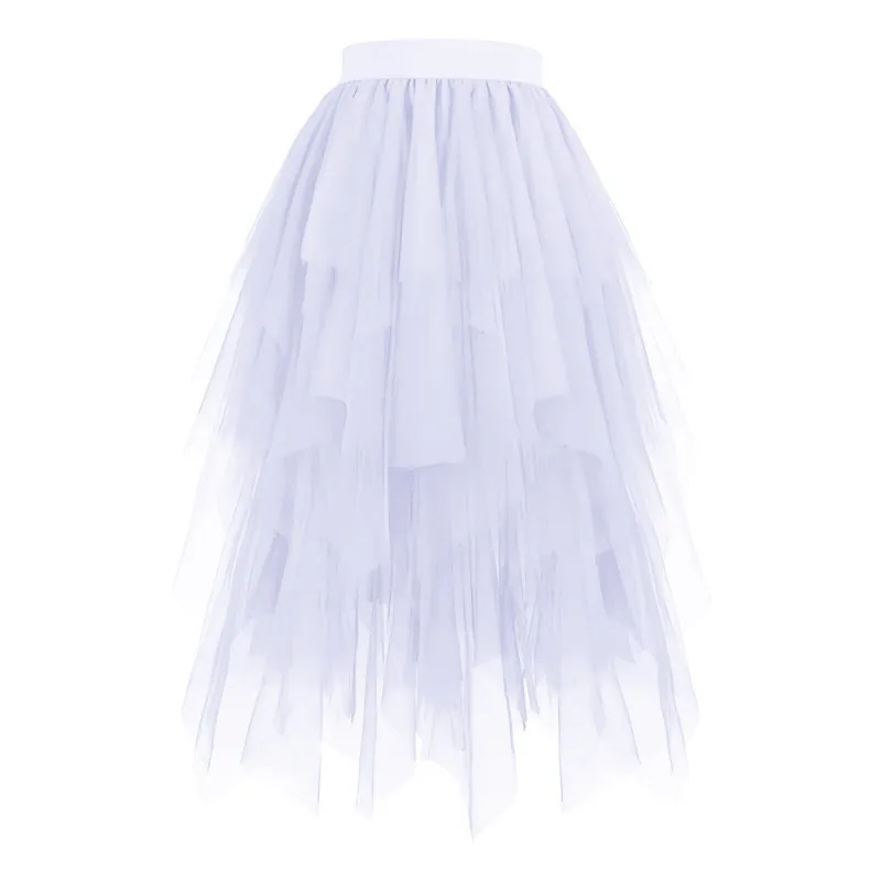 Spring Summer Irregular Tulle Skirt Women Mid High-waisted Fairy Puffy Tiered Y2k Clothes White Skirt Harajuku Party Dress New
