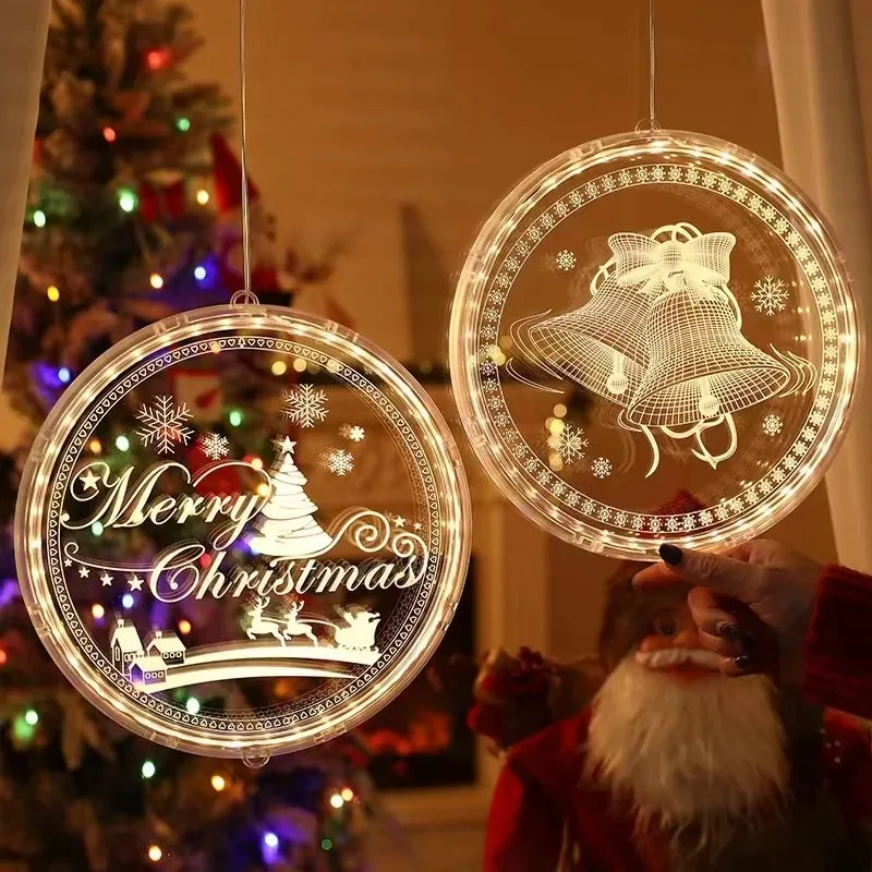 LED Christmas Ambient Light Battery Supply Acrylic Round Hanging Ornament Santa Snowflake For Home Window Xmas Tree Decor