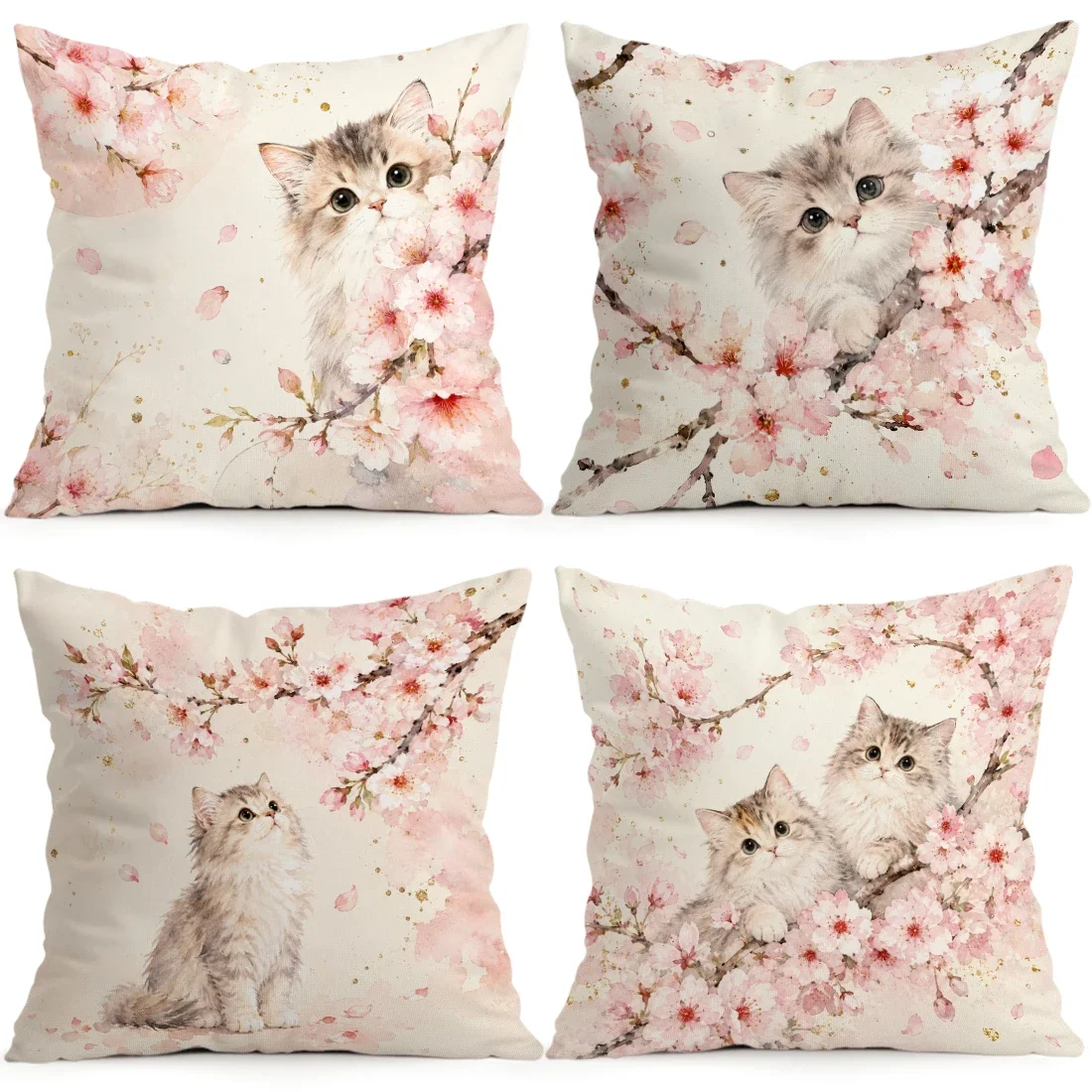 1/4pcs Cherry Blossom Cat Cushions Pillowcase Polyester Cushion Cover Throw Pillow Pillowcover Home Car Sofa Decor