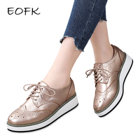 EOFK Spring Autumn Women Derby Platform Flats Brogue Leather Lace up Classic Bullock Footwear Gold Female Oxford Shoes Lady