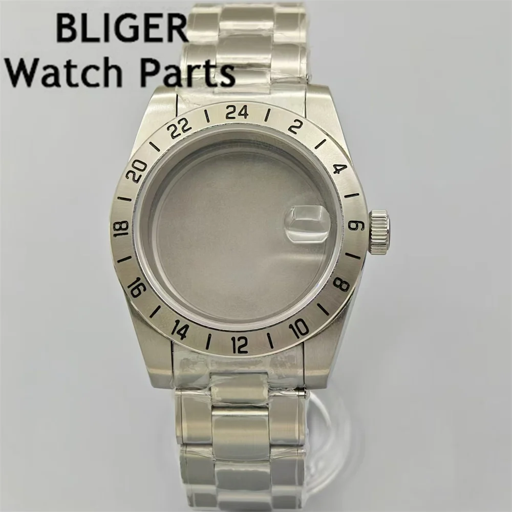 

BLIGER 39mm Silver Watch Case with steel bracelet Fixed Steel Bezel Sapphire Crystal Fit NH34 NH35 NH36 ETA2824 PT5000 movement