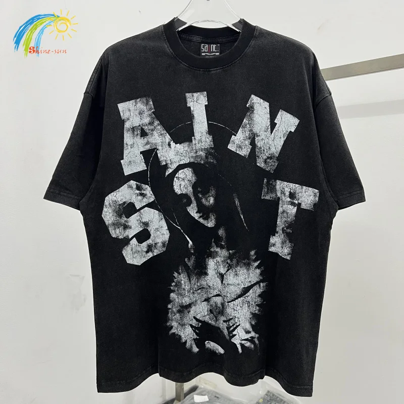 Streetwear Vintage Washed Black Character Graphics Print Saint Tears T-Shirt Summer Oversized Tee Tops Cotton T Shirt Men Women