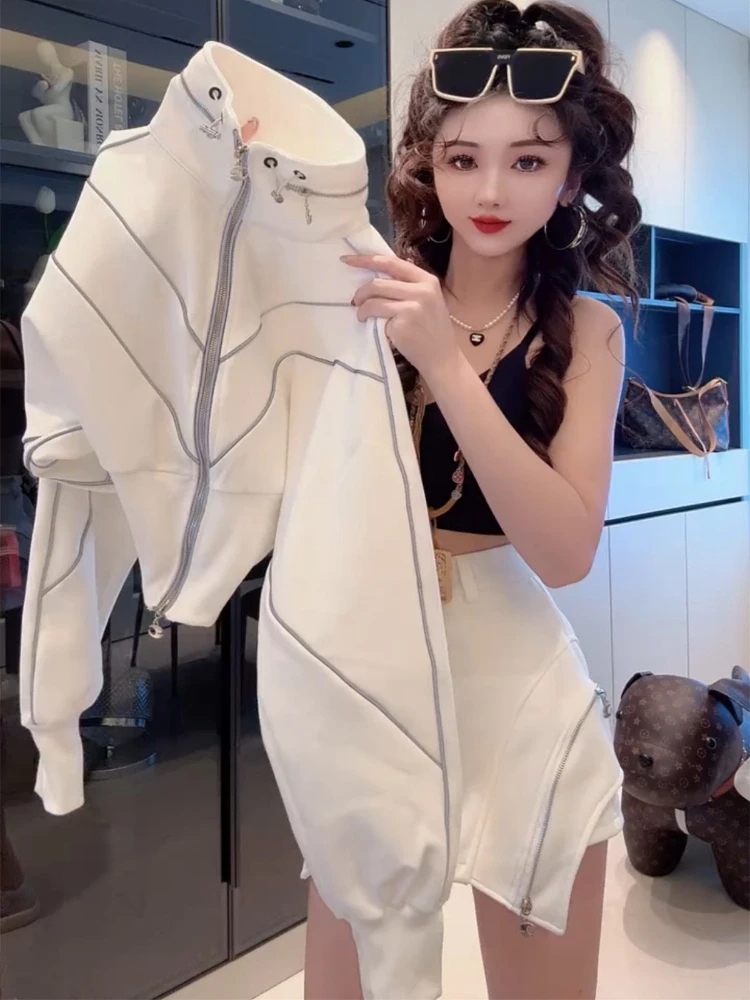 

Unique and beautiful spring autumn white stand up collar zipper long sleeve top short skirt women 2025 new popular set