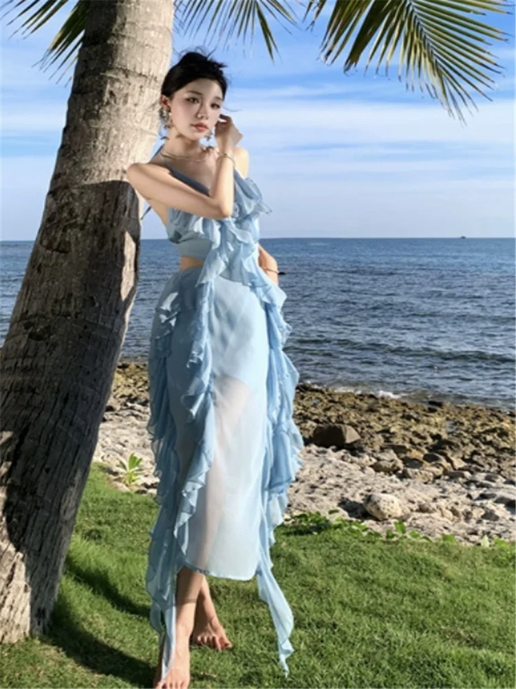 Seaside Fashion Holiday Layered Ruffles high split Long Blue Dress Women Vacation Hollow Waist Backless V Neck Beach Fairy Dress