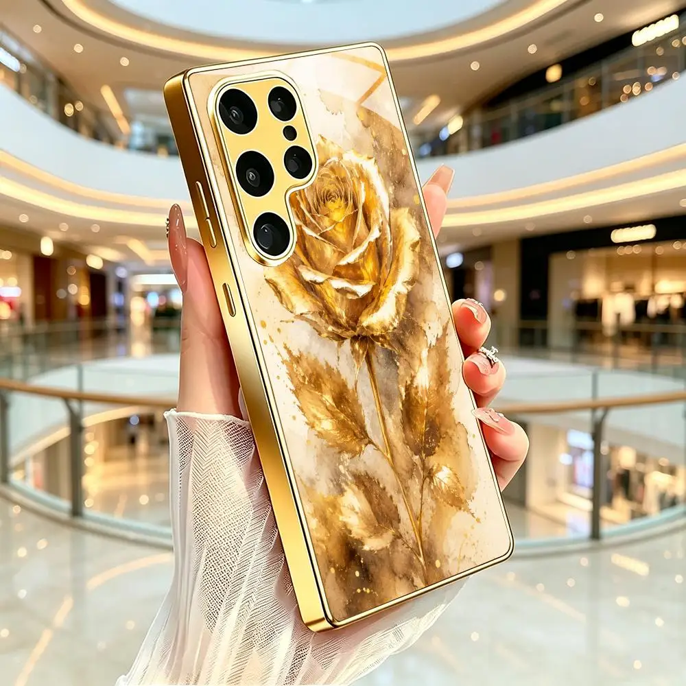 lectroplated Frame Glass Moody Forest Green Metallic Rose Art Phone Cover For Samsung Galaxy S26/S25/S24/S23/S22 FE
