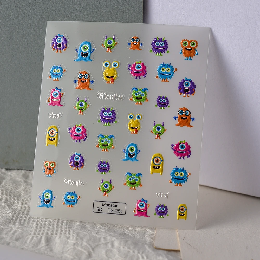 Cartoon Monsters 5D Nail Stickers Nail Foils Transfer Rolls Manicura Profesional Accesorios