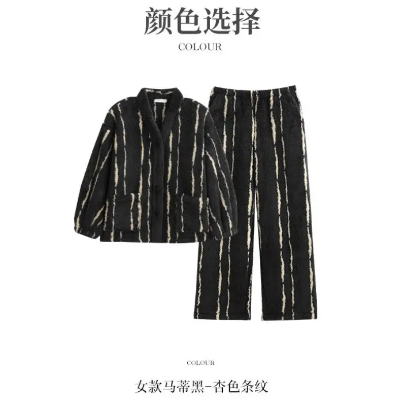 Pijamas femininos novo modelo outono inverno coral velo forrado de lã engrossar confortável pijamas flanela homewear preto com decote em v