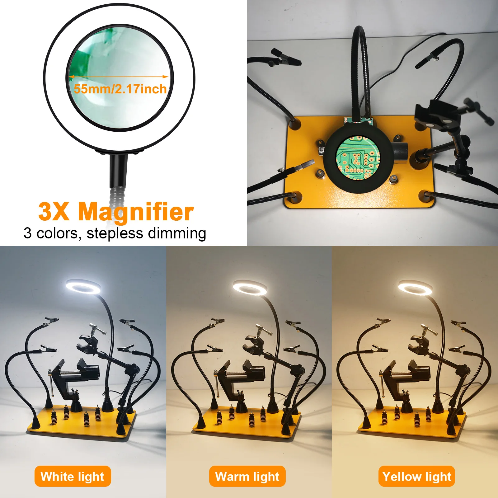 NEWACALOX Magnetic Soldering Third Hand PCB Holder Heat Gun Stand with 3X LED Magnifying Glass Heavy Duty Welding Workstation