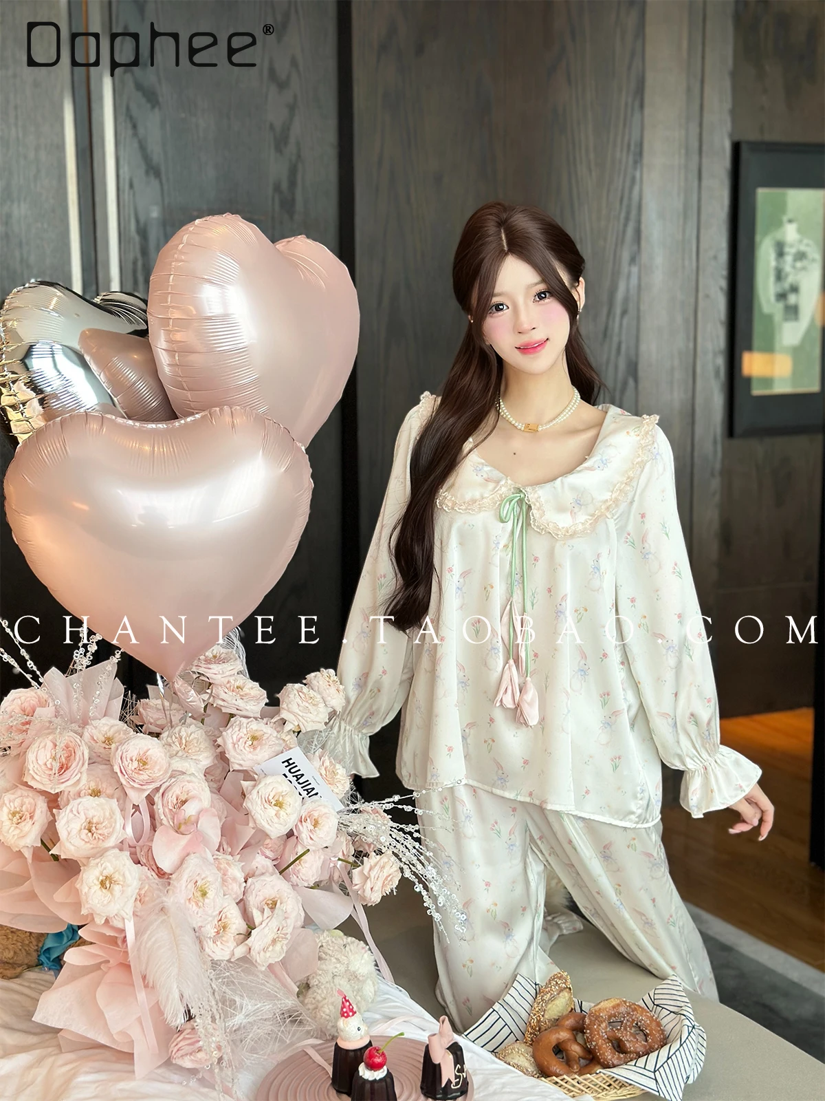 

Retro Doll Collar Rabbit Print Pajamas Flower Lace Up Chic Women's Two Piece Set Loungewear Long Sleeve Lace Patchwork Sleepwear