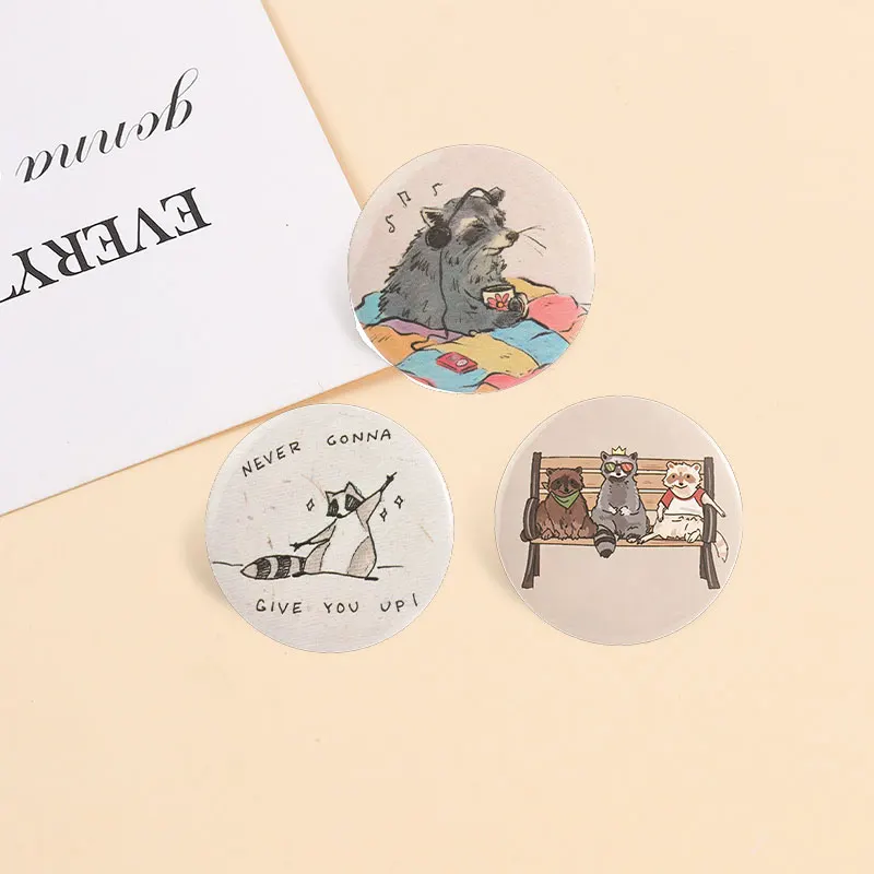 Never Gonna Give You Up Tinplate Pins Funny Cartoon Raccoo Listening Music Cute Animal Button Brooches Lapel Badges Jewelry Gift