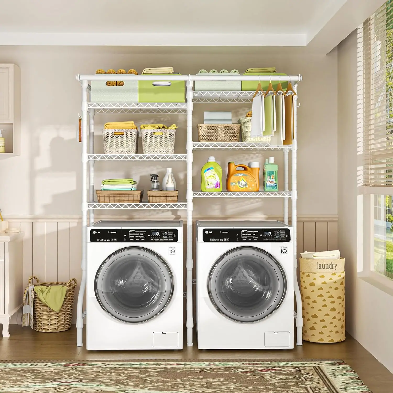 U13 Medium Over Washer and Dryer Storage Shelves, 6 Tiers Laundry Room Standing Shelf with 2 Hanger Rods, Drying Rack