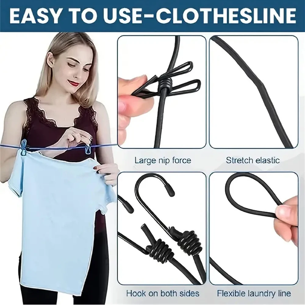 Creative Color 12 Clip Clothesline With Stretchable Windproof Elastic Rope For Travel Portable Clothesline And Quilt Drying Rope