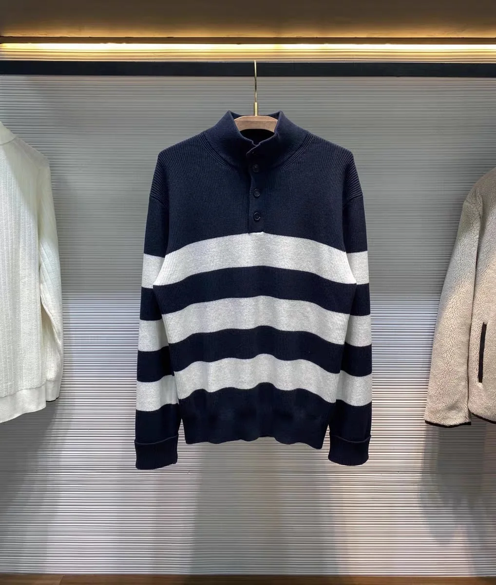 

Loose Fit Men's Knitwear Cotton 00 f Open Plaet Stand Collar Striped Sweater Comfortable Breathable Casual Sle