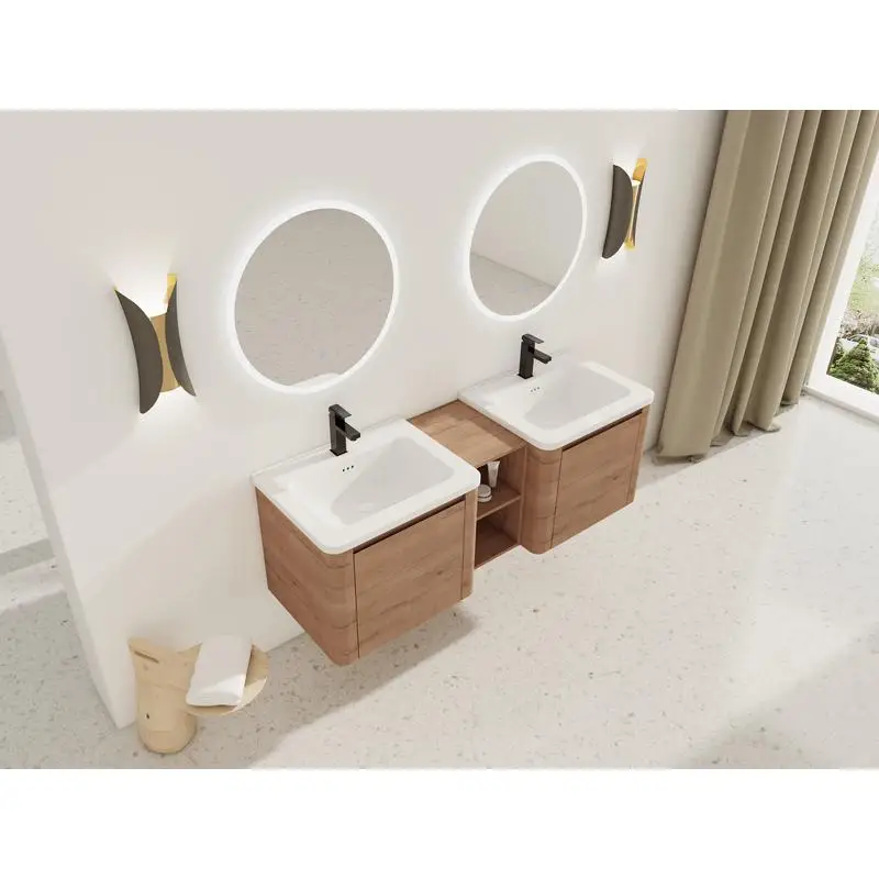 60" Wall-Mounted Bath Vanity with White Sink, Storage Shelves & Soft-Close Door, Plywood, KD Packing