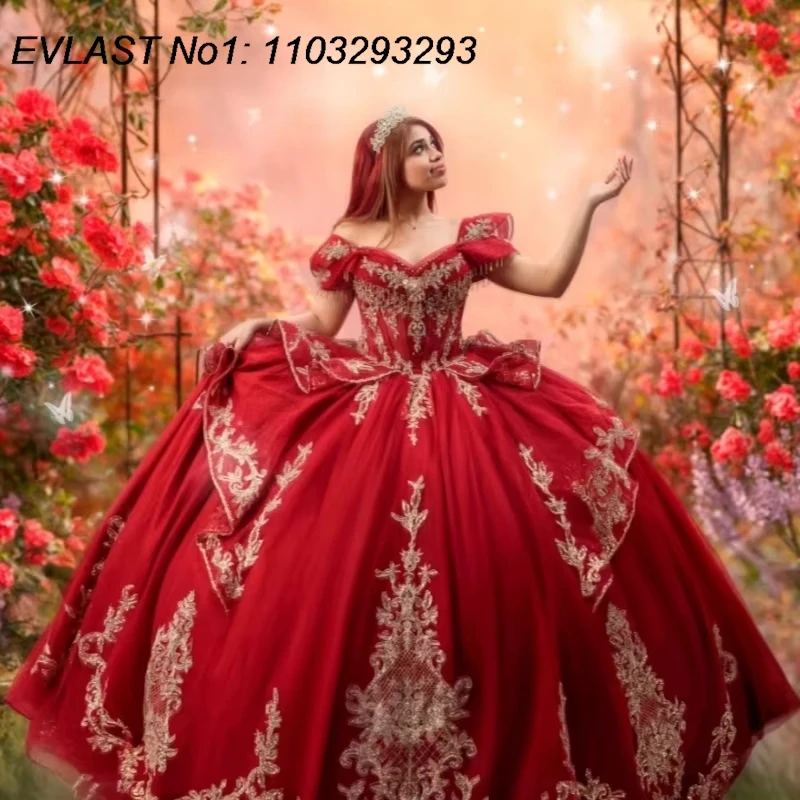

EVLAST Customized Princess Red Quinceanera Dress Ball Gown Gold Lace Applique Beading Bow Sweet 16 Vestidos De 15 Anos E1QN970