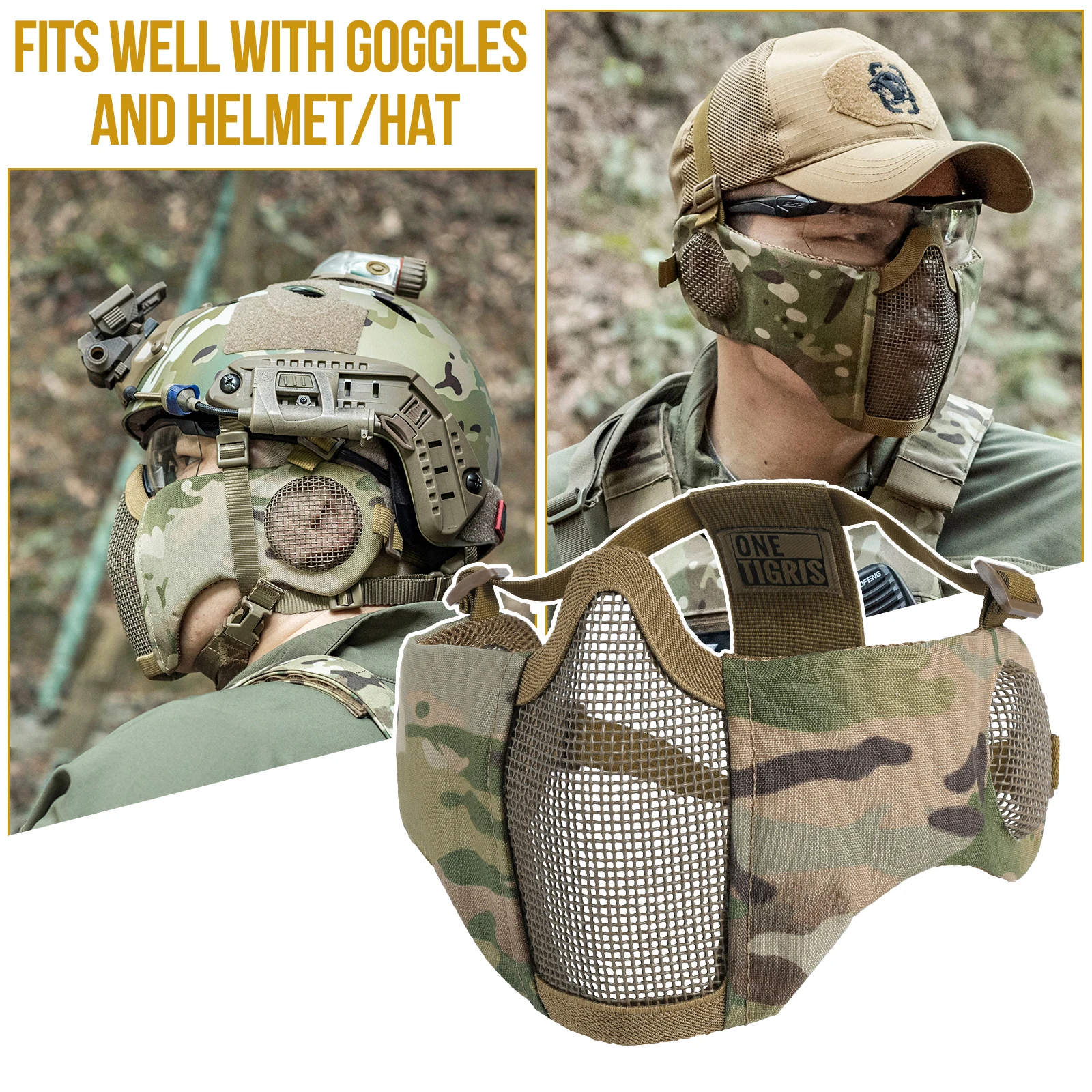 قناع شبكي Airsoft قابل للطي مقاس 6 بوصات من OneTigris مع حماية للأذن، قناع تكتيكي نصف وجه للتصوير وكرة الطلاء #6
