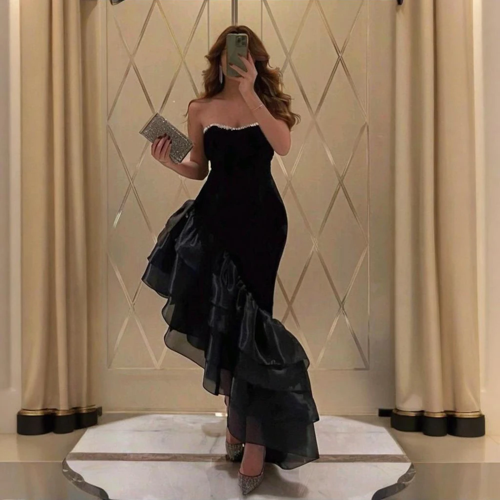 

Off the Shoulder Ankle Length Black Evening Dresses Beaded Crystal Ruffle Sweetheart Backless Party Dresses Formal Prom Gowns