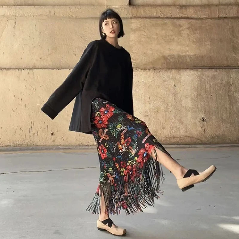 

Women's Fashion Miyake Pleated Tassel Skirt Summer New Slim Fit Waist-Controlled Slim Casual High QualityPleated Printed Skirt