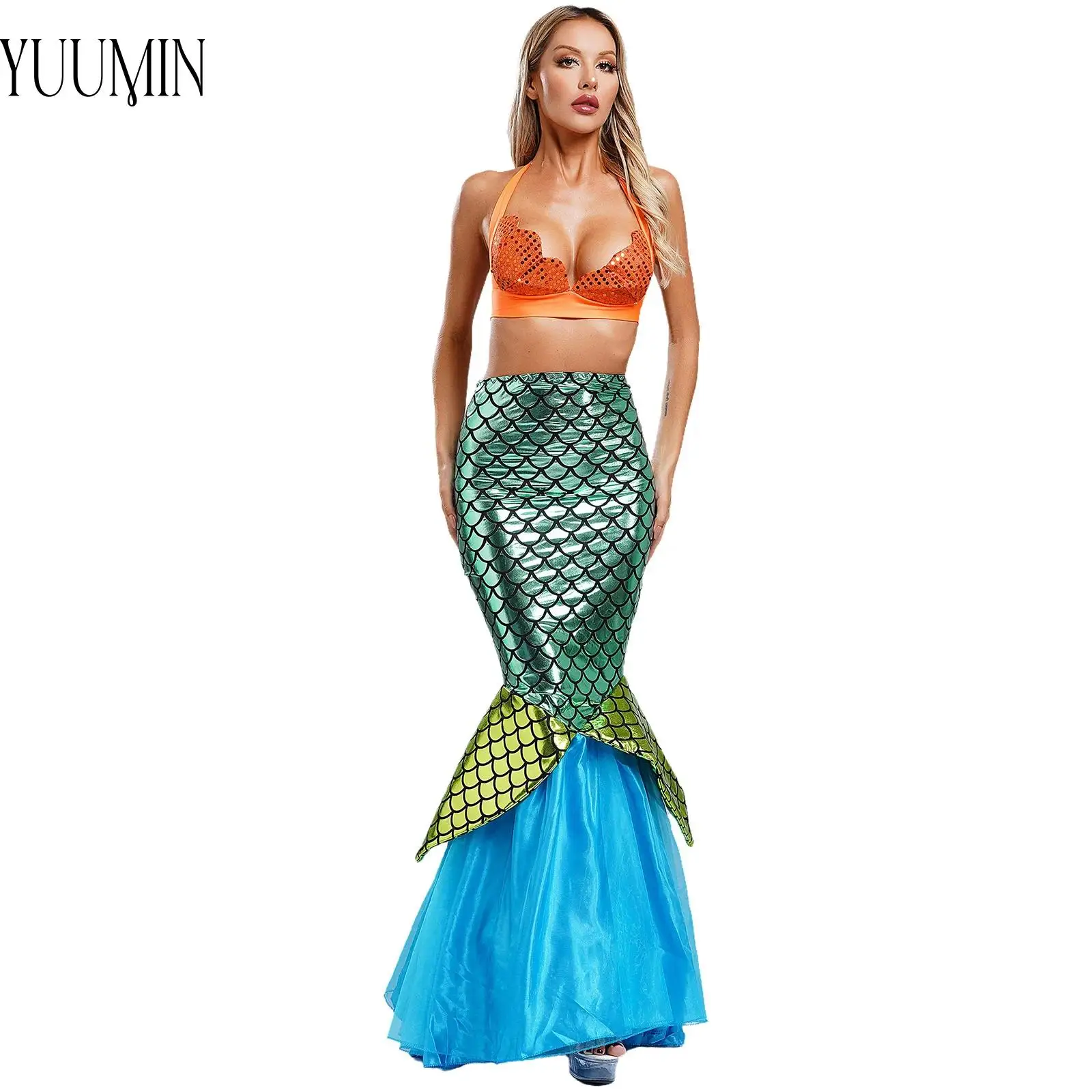 

Women Halloween Mermaid Cosplay Costumes Scallop-shaped Cup Lace-up Bra Top and Shiny Print Fish Tail Maxi Skirt Suit