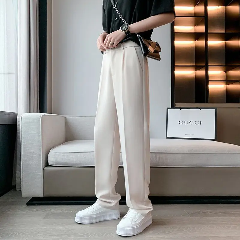 Spring Summer New Solid Color Casual Loose Suit Pants Man High Street Zipper Patchwork Button Pockets All-match Straight Pants