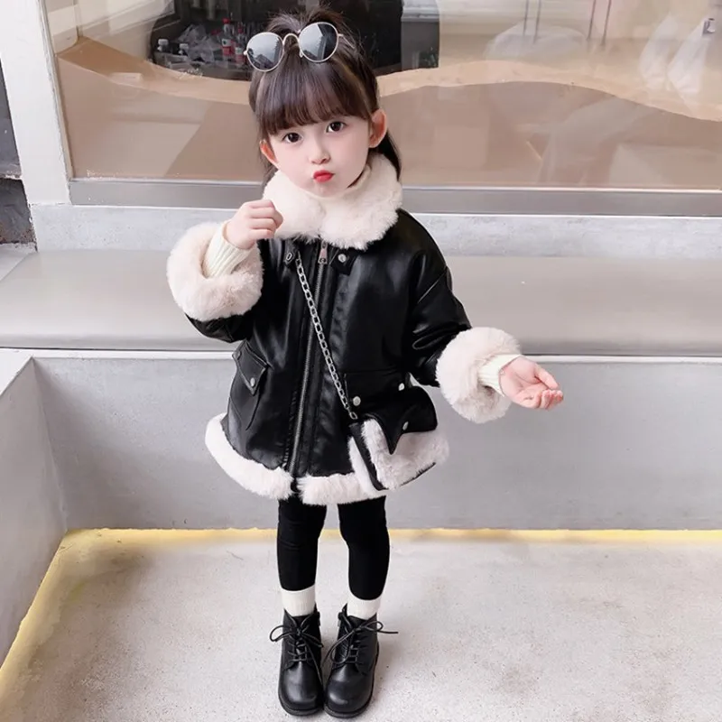 Girls Coat Jacket Cotton Outwear Overcoat 2022 PU Warm Thicken Plus Velvet Winter Autumn Teenager Children\'s Clothing