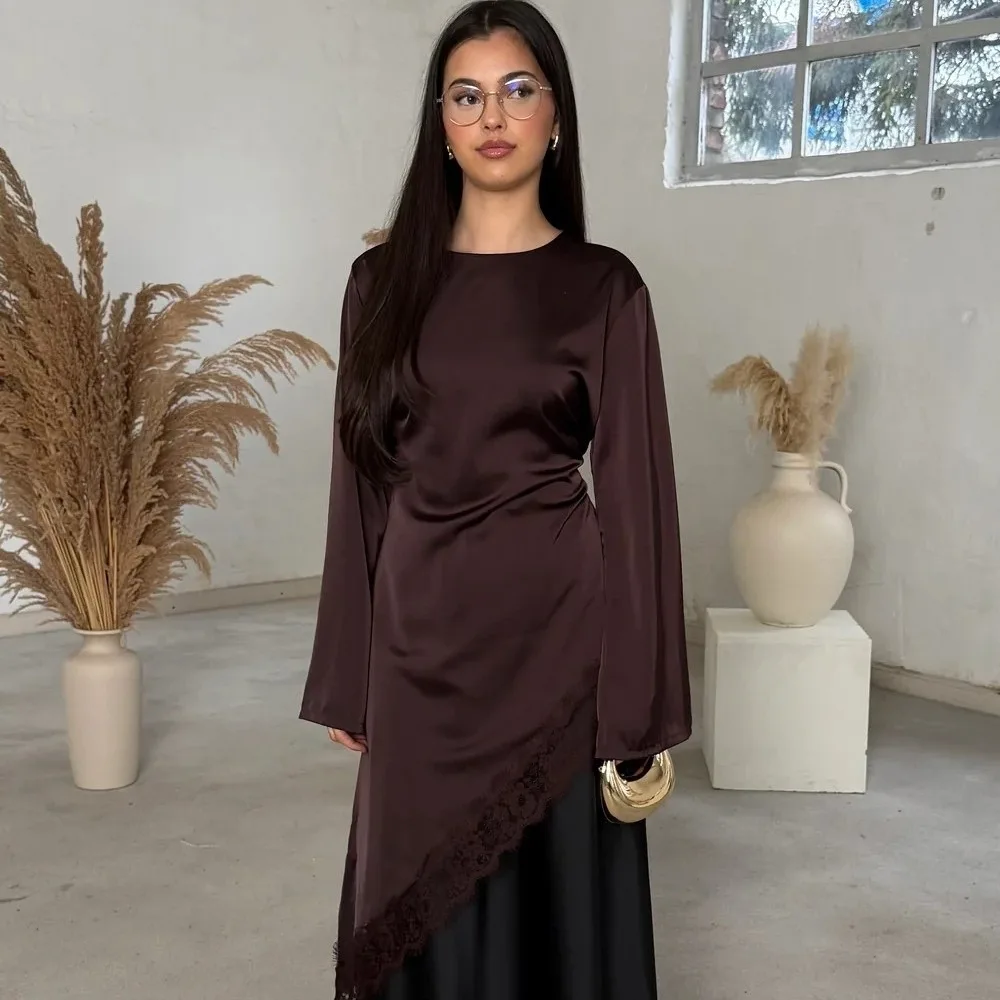 

Lace Lower Hemline Drooping Style Blouse Breathable Comfortable Irregular Dress Simple Long Sleeve Long Shirt Commute Outing