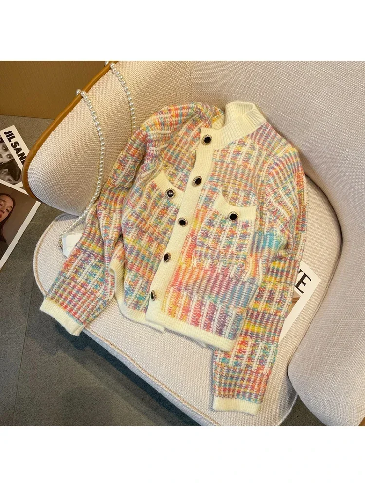 Autumn Korean Vintage Loose Rainbow Striped Knitted Cardigan Sweater Women Long Sleeve Mixed Color Single Breasted Pockets Tops