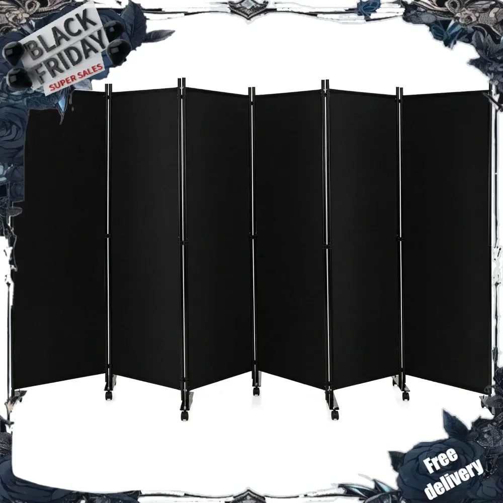 6 Panel Folding Room Divider, 6FT Rolling Privacy Screen with Lockable Wheels, Portable Room Partition Screen